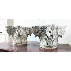 Pair Of Large Patinated Plaster Capitals, Neoclassical Work Late 18th/early 19th