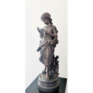 Large Bronze Sculpture "the Little Reader" Signed Mathurin Moreau, Second Half 19th Century