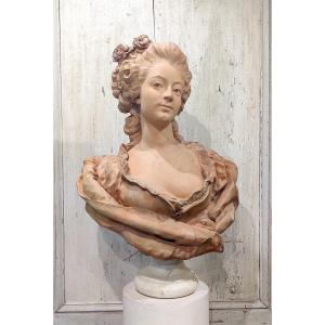 Grand buste en terre cuite "Dame de qualité XVIIIème" signé Paul Darbefeuille (ec Fr XIXème )