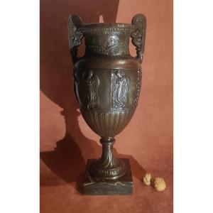 Large Antique Vase, Patinated Spelter Bronze On Marble, 19th Century