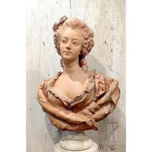 Important Terracotta Bust "lady Of Quality" Signed Paul Darbefeuille (ec Fr) Ep 19th.