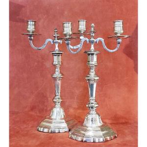 Pair Of Regency Candlesticks With Two-light Candelabra, Silver-plated Metal, 18th Century