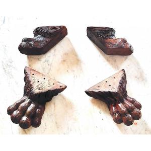 Set Of 4 Carved Wooden Lion's Paw Feet For Furniture, Italy, 17th Century.