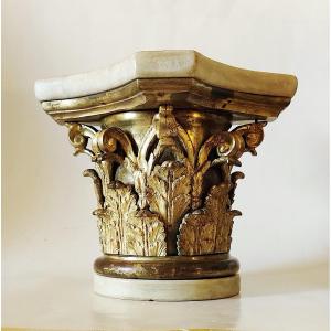 Grand socle/présentoir " Chapiteau corinthien" , bronze doré et marbre , Italie, époque XIXème