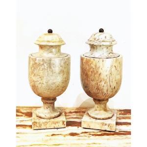 Pair Of Lidded Vases In The Neoclassical Style, Made Of Turned Marble, Mid-20th Century