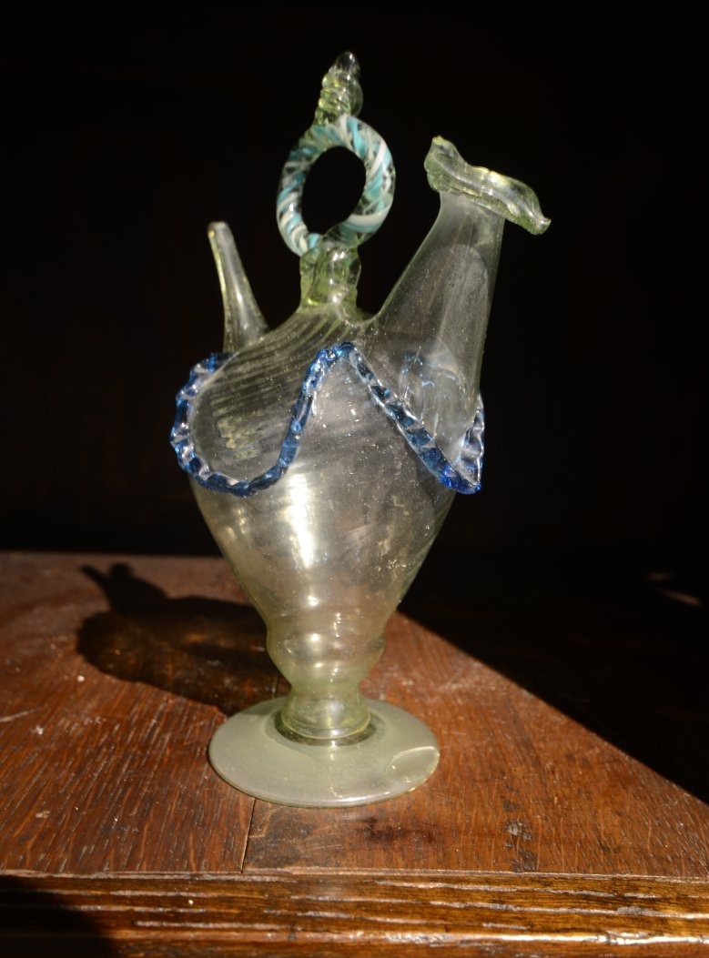 Hand-blown And Pinched Glass Holy Water Jug. Eighteenth Century.-photo-2
