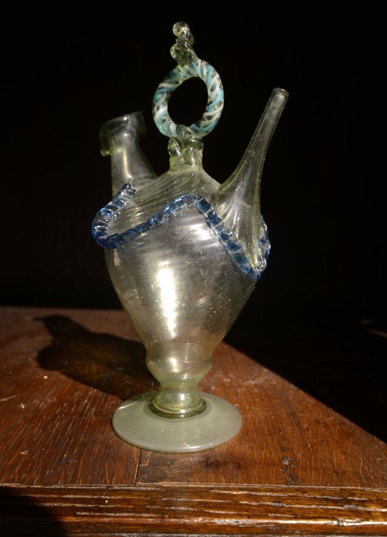 Hand-blown And Pinched Glass Holy Water Jug. Eighteenth Century.-photo-4