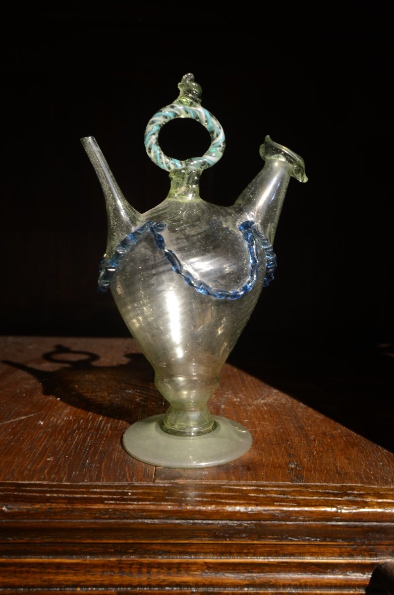 Hand-blown And Pinched Glass Holy Water Jug. Eighteenth Century.