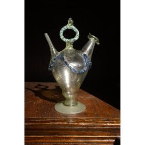 Hand-blown And Pinched Glass Holy Water Jug. Eighteenth Century.
