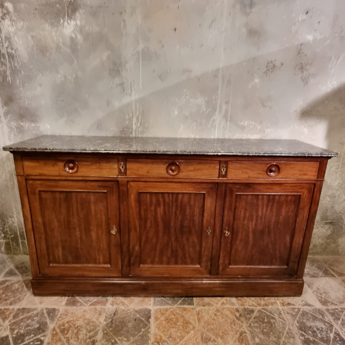 19th Century Sideboard With Three Doors, Mahogany And Mahogany Veneer