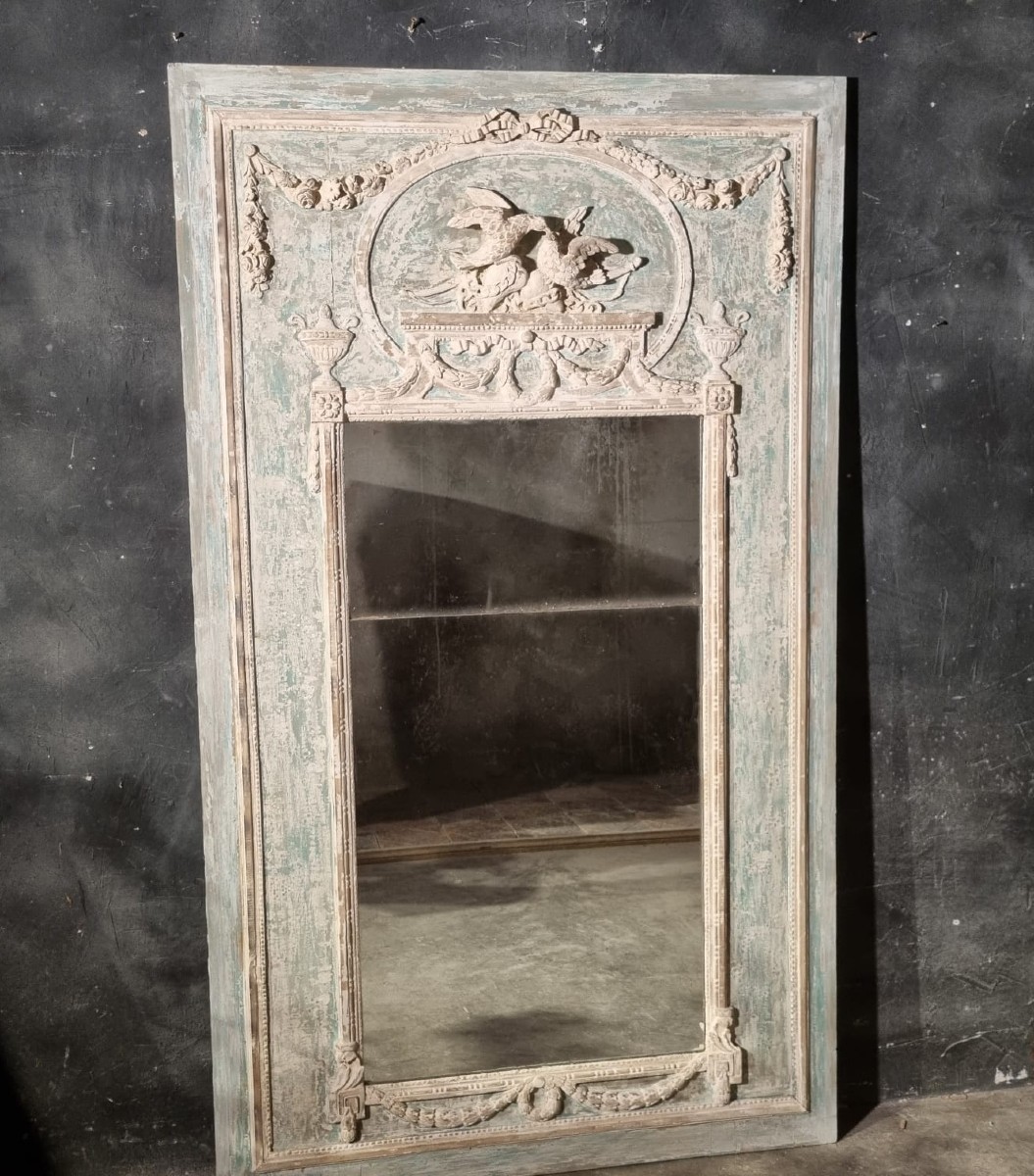 Important Louis XVI Style Boiserie Trumeau In Carved And Patinated Wood