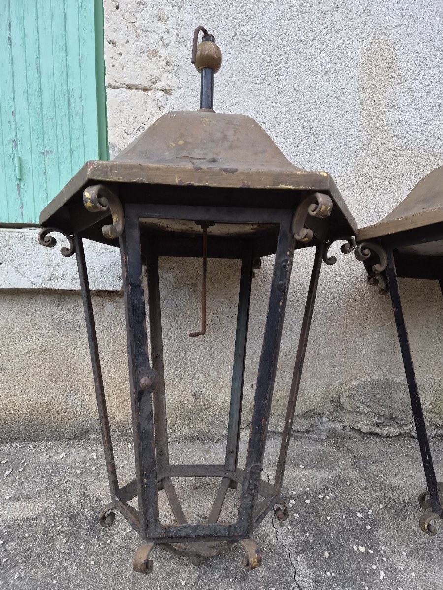 Important Pair Of Large Riveted Iron Castle Lanterns – Circa 1900-photo-3