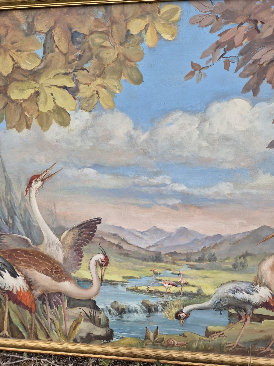  Panoramic Panel Depicting Wading Birds By Ermes d'Odorico, 1955 – 178 Cm -photo-3