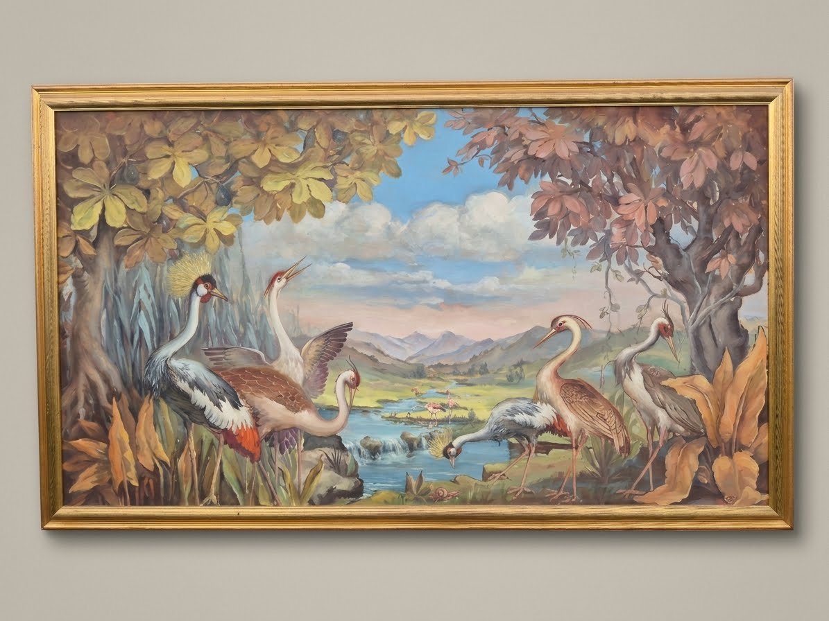  Panoramic Panel Depicting Wading Birds By Ermes d'Odorico, 1955 – 178 Cm 