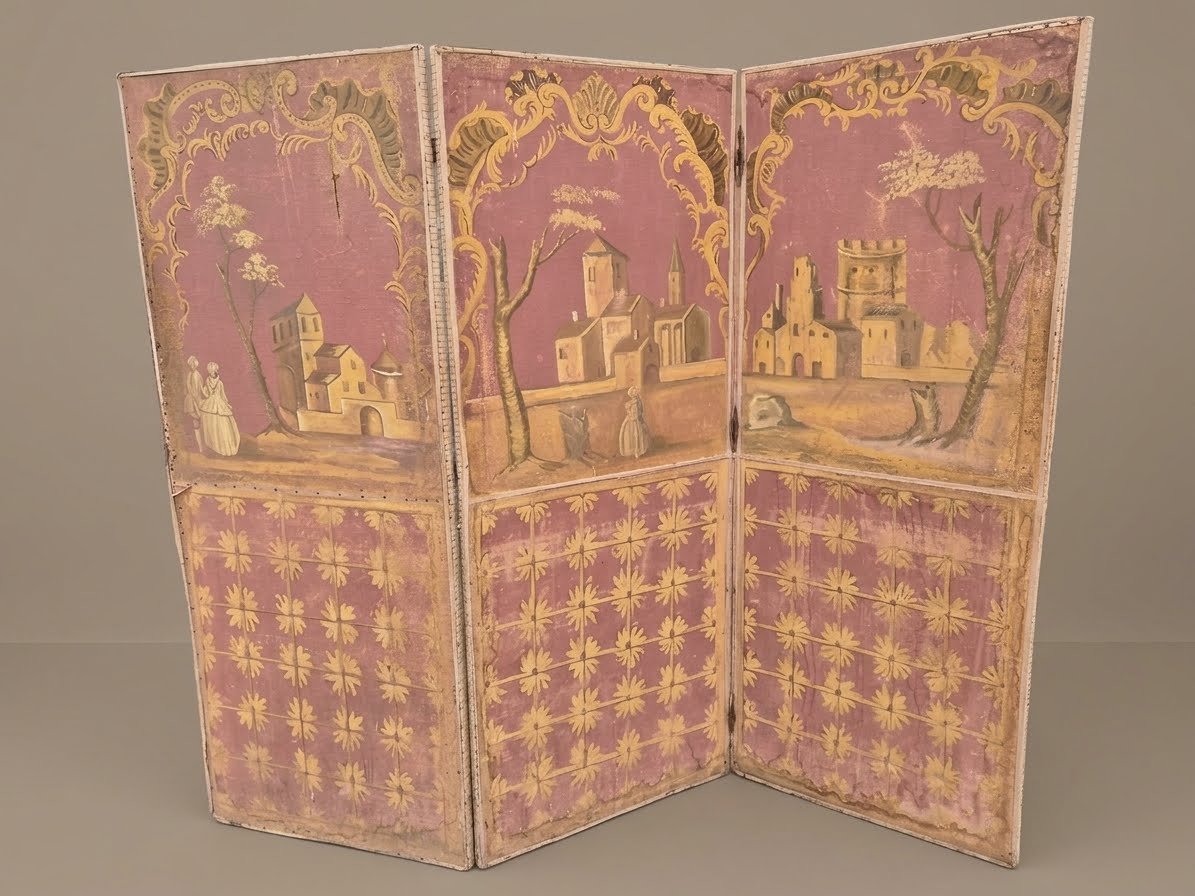 Rare Paravent à 3 feuilles en toile peinte – Époque Louis XV (XVIIIe siècl