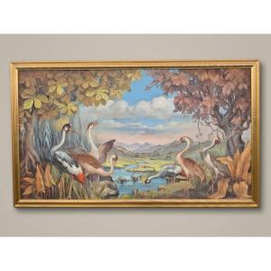 Spectacular Panoramic Panel Depicting Wading Birds By Ermes d'Odorico, 1955 – 178 Cm