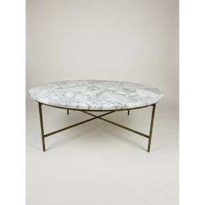 Table Basse Ronde en Marbre de Carrare et Laiton par Paul McCobb pour Directional, circa 1955