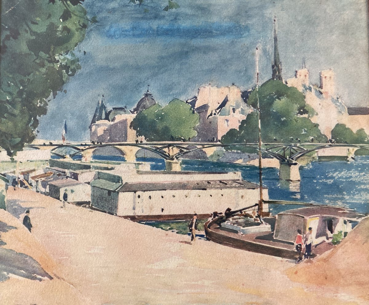 Paul émile Lecomte (1877-1950). Aquarelle Vue Des Quais De Paris -photo-3