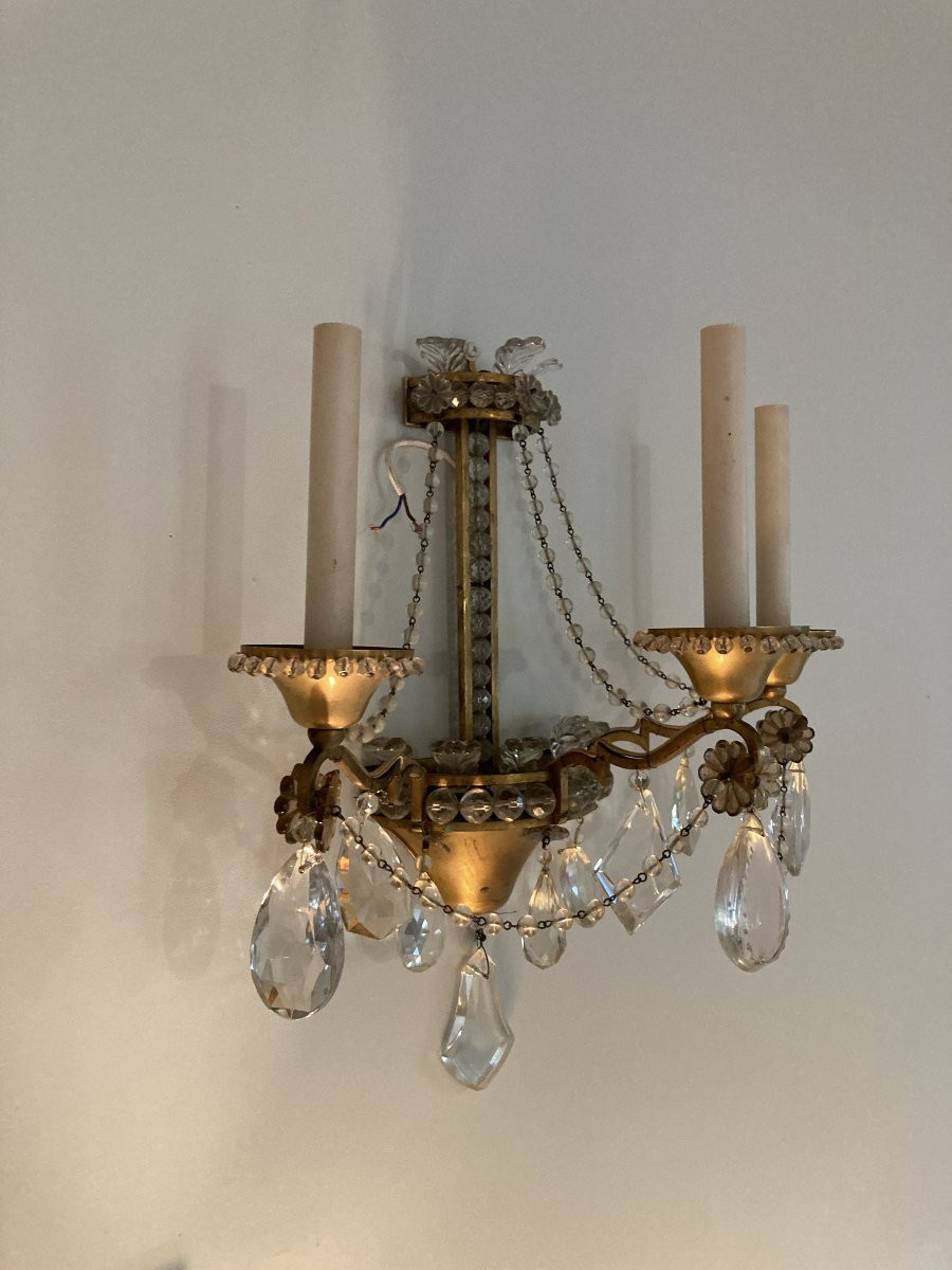 Pair Of Wall Sconces In Gilt Bronze, Crystals And Pearls.-photo-2