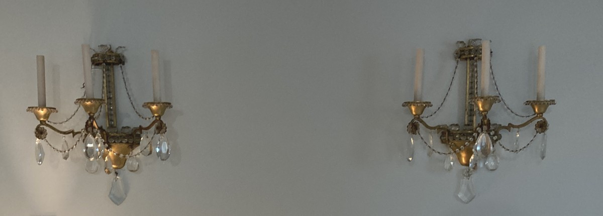 Pair Of Wall Sconces In Gilt Bronze, Crystals And Pearls.-photo-4