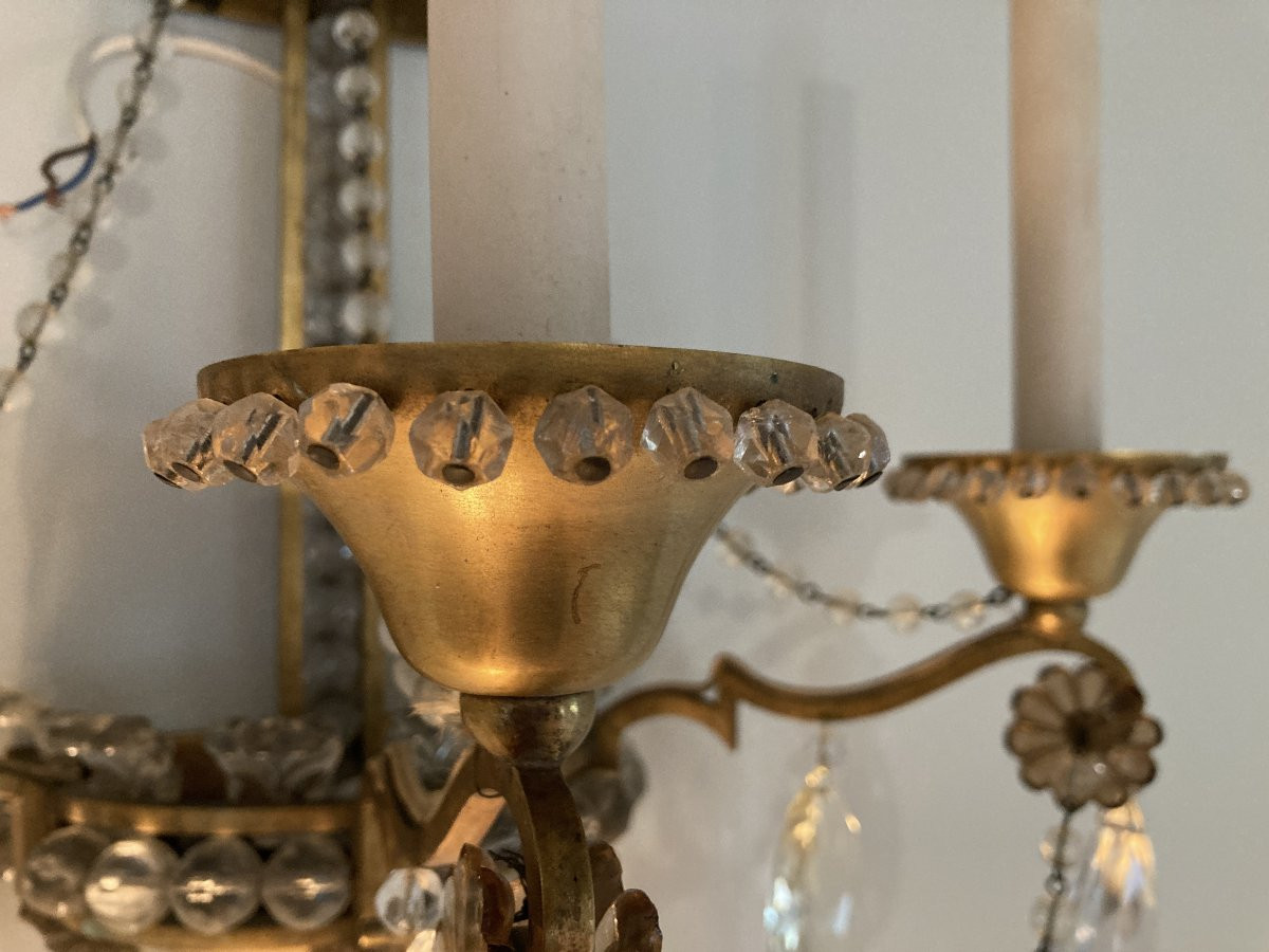 Pair Of Wall Sconces In Gilt Bronze, Crystals And Pearls.-photo-6