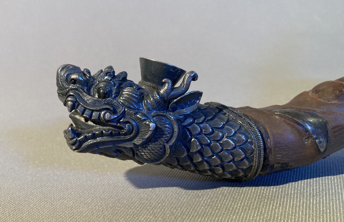 Pipe en racine de bambou et argent "Tête de Dragon" CHINE.-photo-3