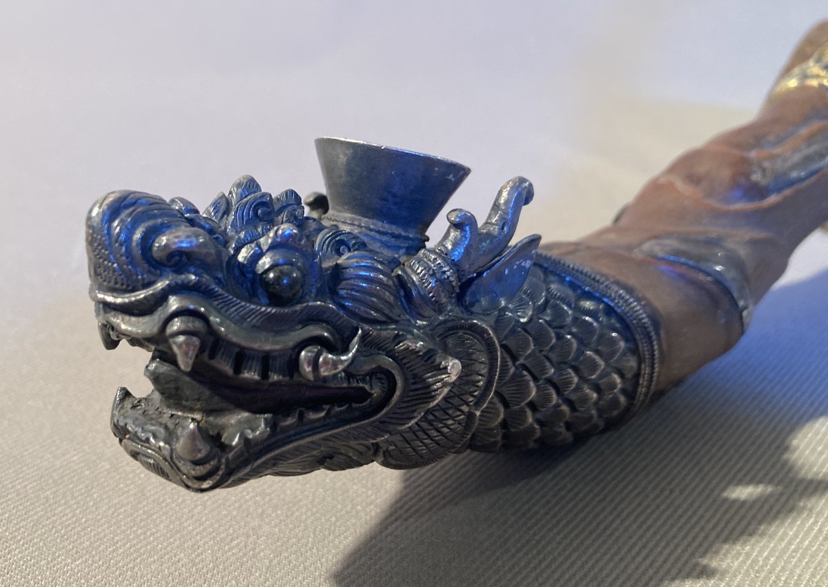 Pipe en racine de bambou et argent "Tête de Dragon" CHINE.-photo-4