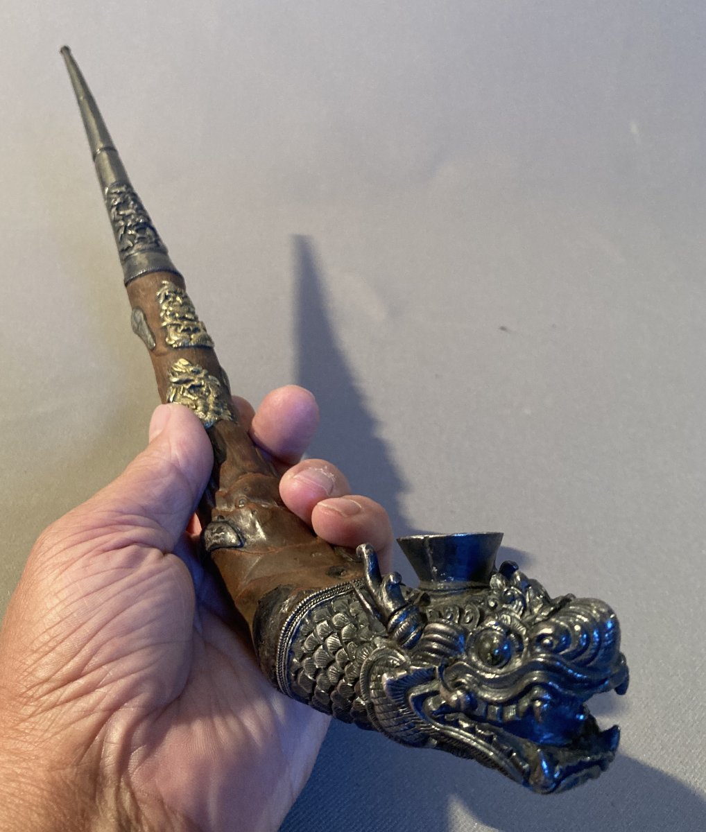 Pipe en racine de bambou et argent "Tête de Dragon" CHINE.-photo-2