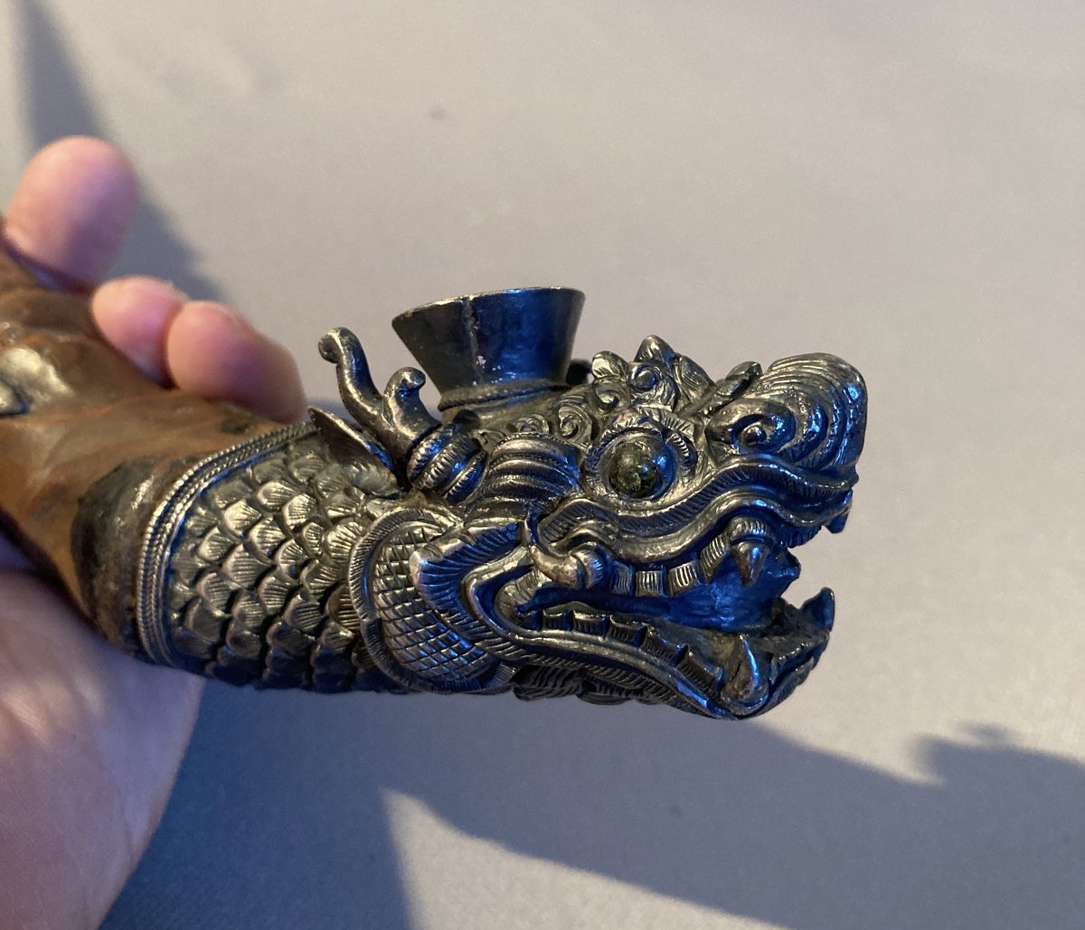 Pipe en racine de bambou et argent "Tête de Dragon" CHINE.-photo-8