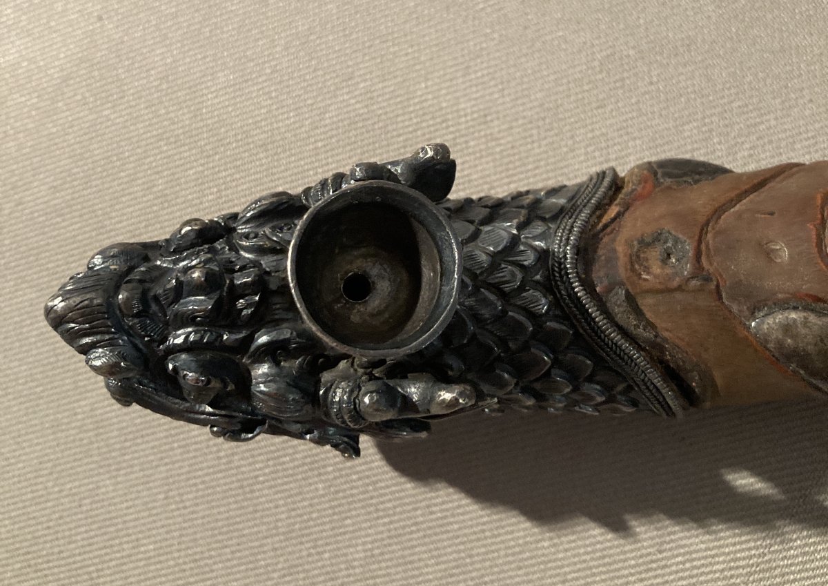 Pipe en racine de bambou et argent "Tête de Dragon" CHINE.-photo-2