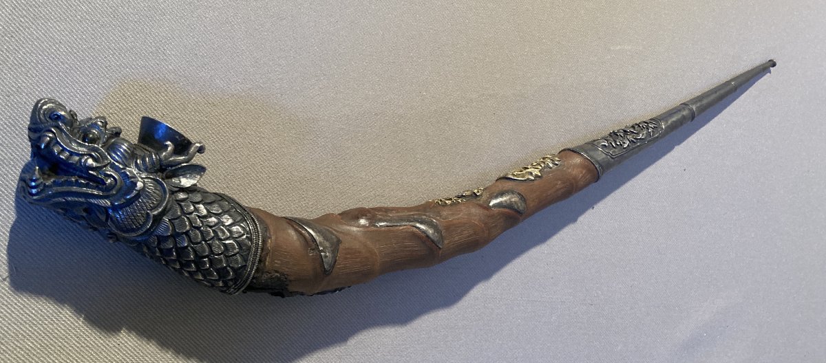 Pipe en racine de bambou et argent "Tête de Dragon" CHINE.-photo-4