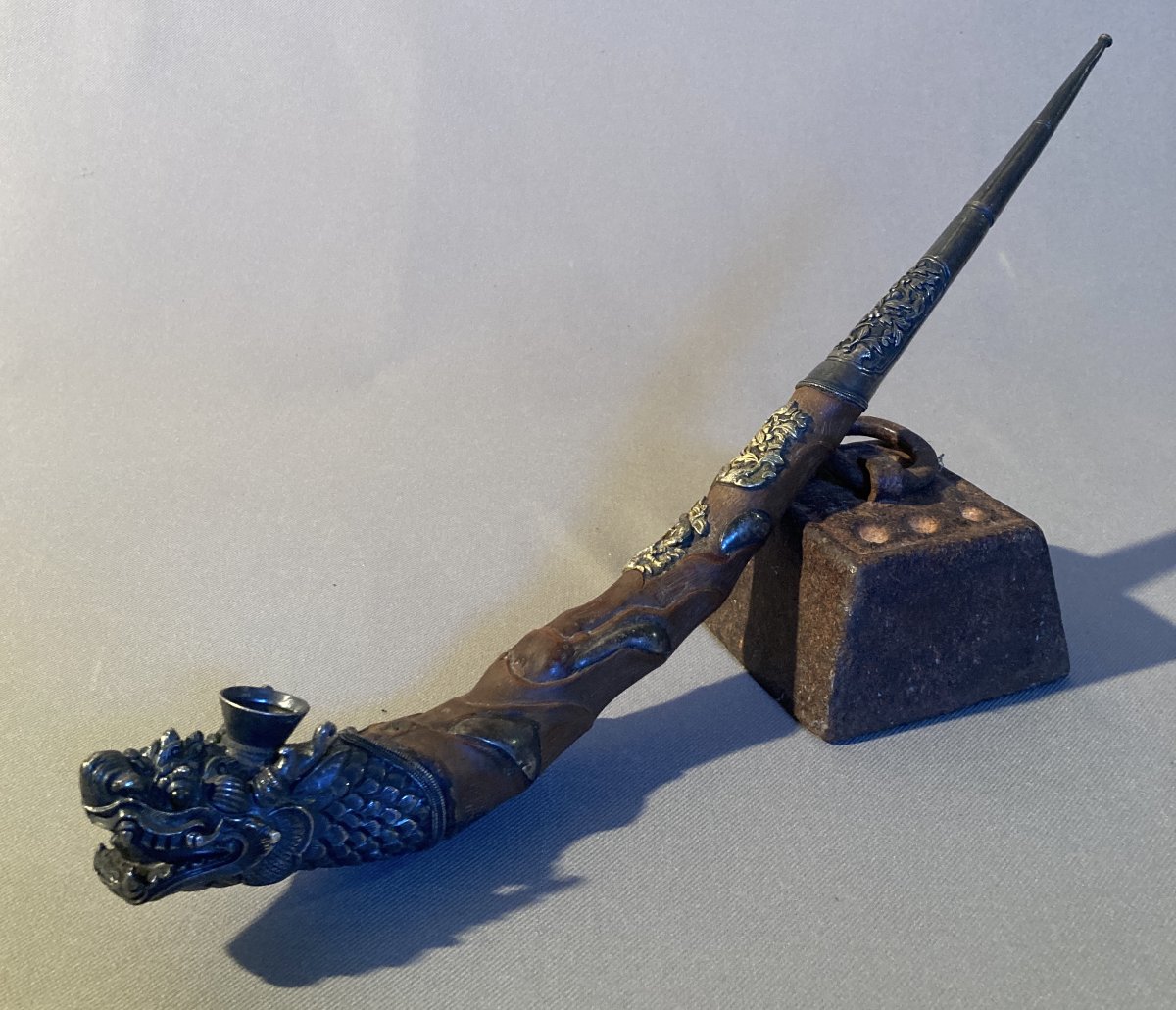 Pipe en racine de bambou et argent "Tête de Dragon" CHINE.-photo-5