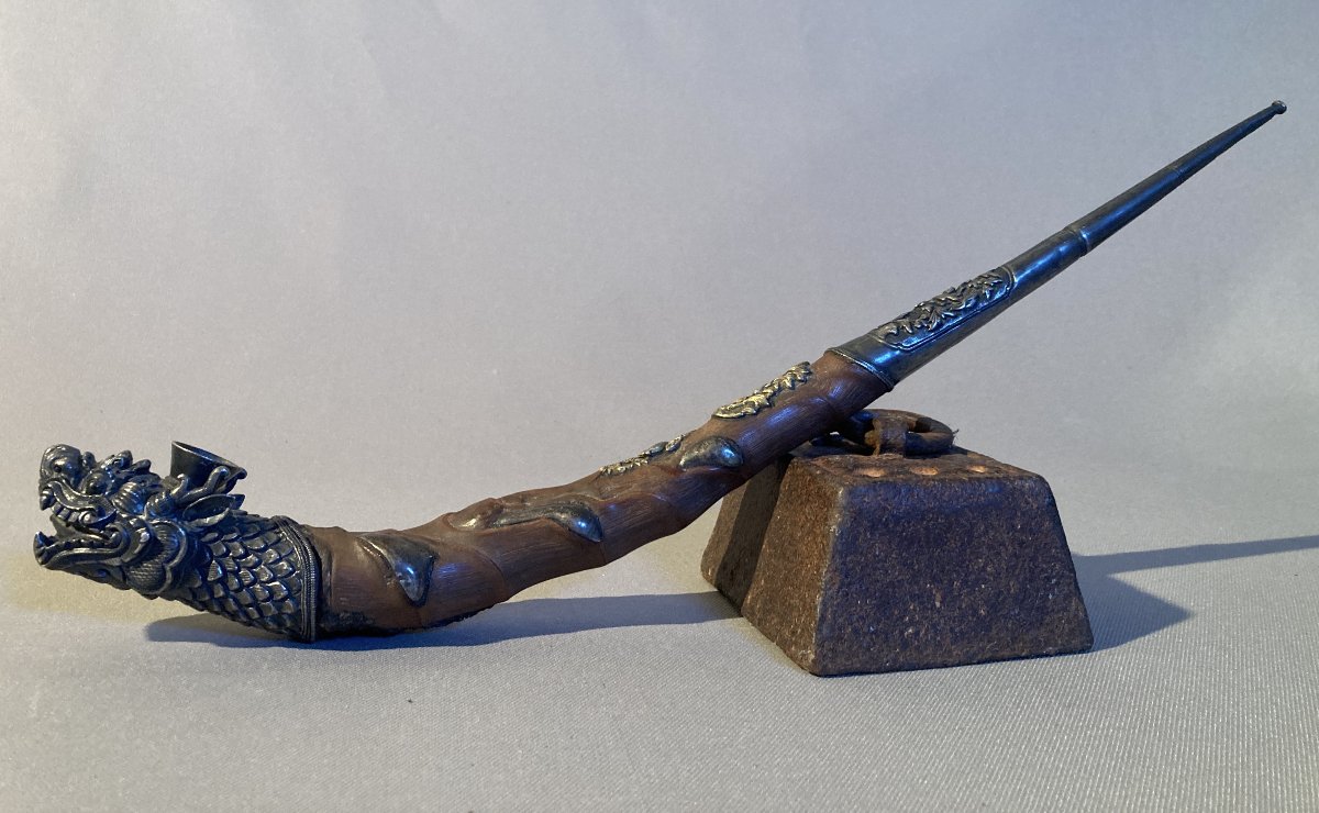 Pipe en racine de bambou et argent "Tête de Dragon" CHINE.