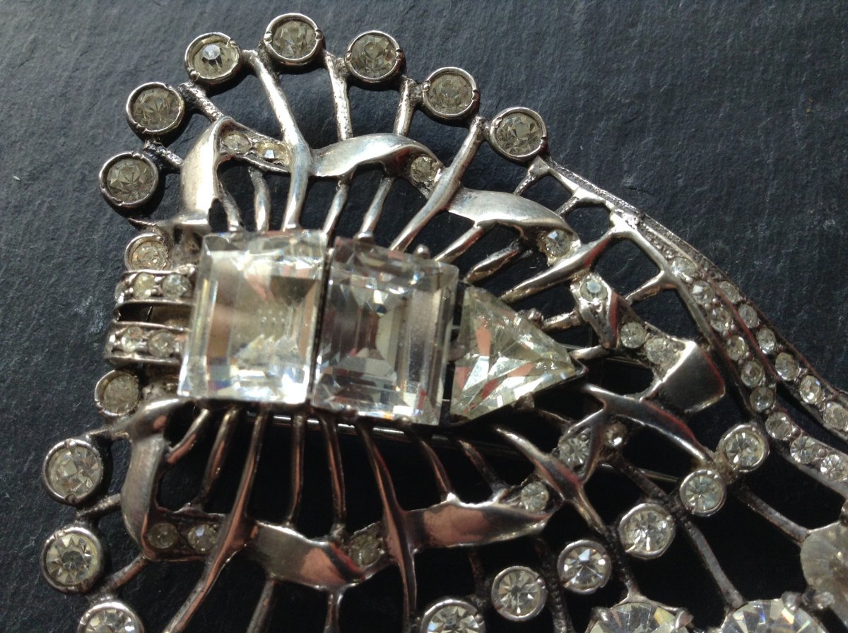 Magnificent Sterling Jewel Eisenberg Dress Clip / Important Brooch In Silver And Rhinestones Eisenberg-photo-3