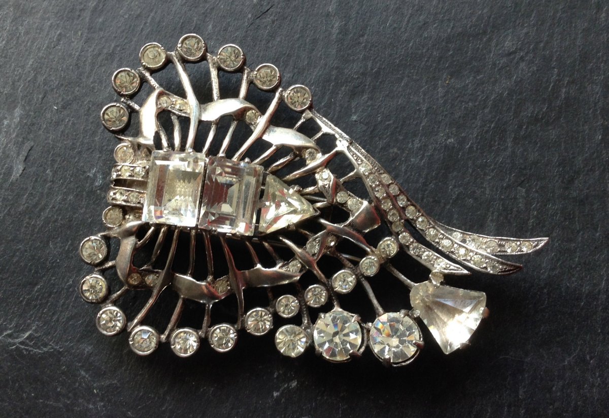 Magnificent Sterling Jewel Eisenberg Dress Clip / Important Brooch In Silver And Rhinestones Eisenberg