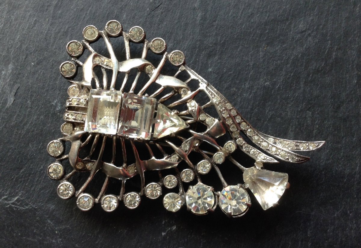 Magnifique Bijou Sterling Eisenberg Dress Clip/Broche importante en argent et strass EISENBERG