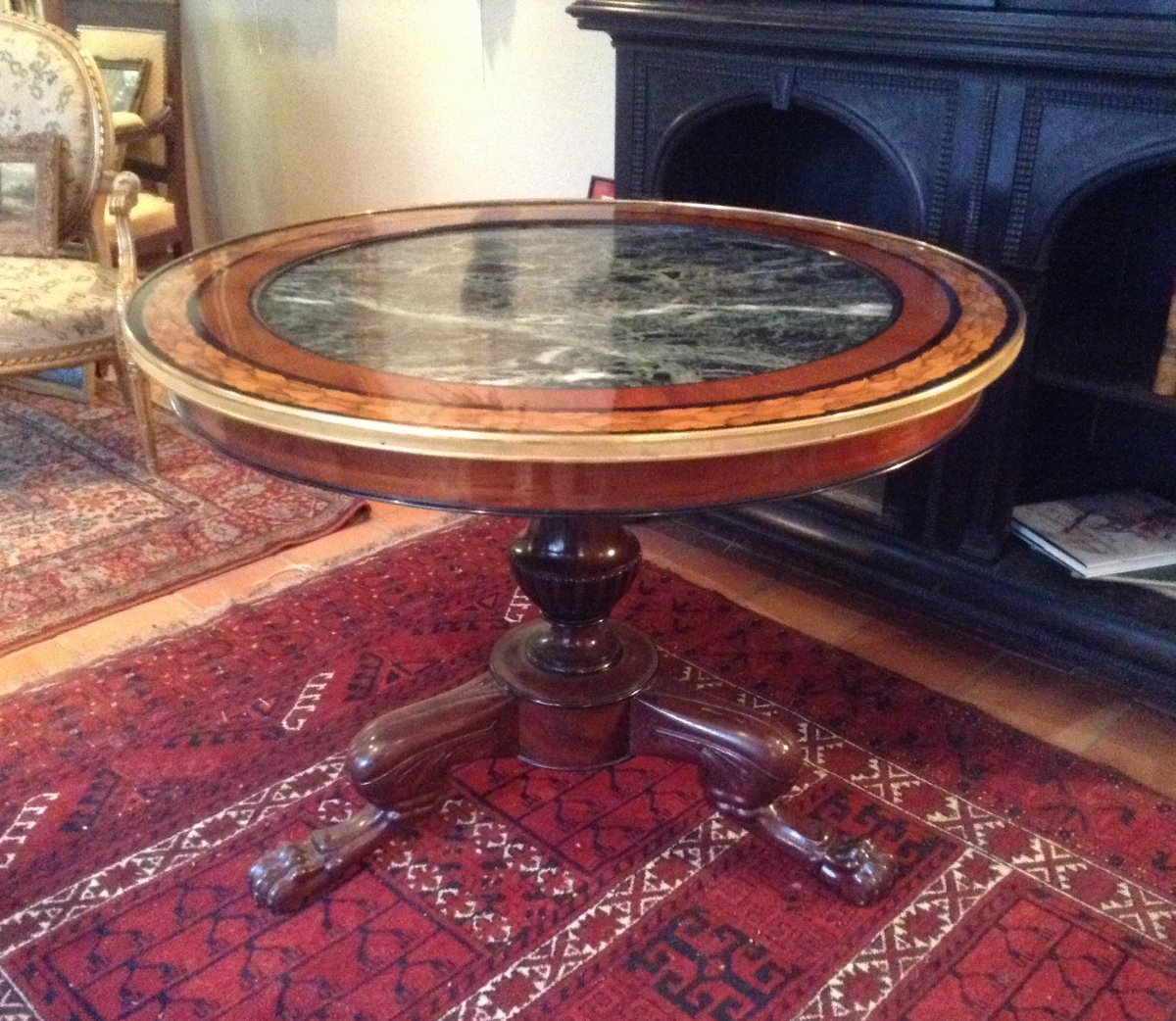 Interesting Restoration Gueridon In Mahogany And Light Wood Marquetry.