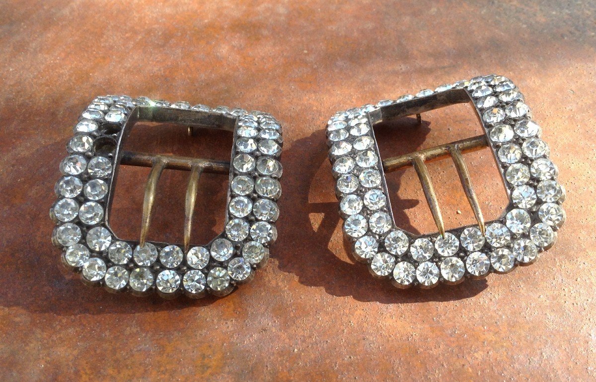 Pair Of Shoe Buckles / Rhinestone / Sterling Silver