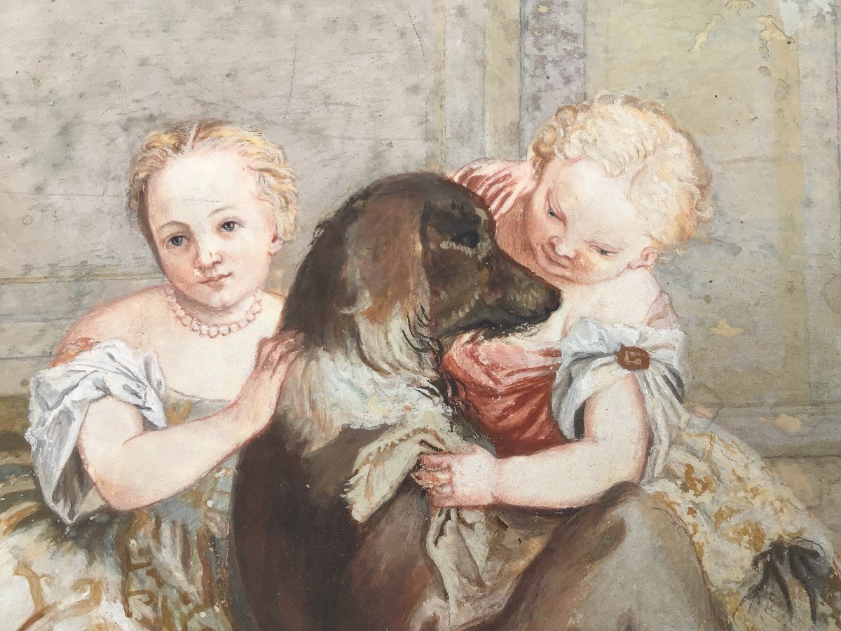 "the Pilgrims Of Emmaus", Two Little Girls Playing With A Dog, Copy After Veronese.