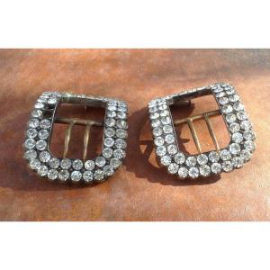 Pair Of Shoe Buckles / Rhinestone / Sterling Silver