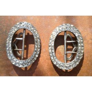 Pair Of Shoe Buckles / Rhinestone / Sterling Silver