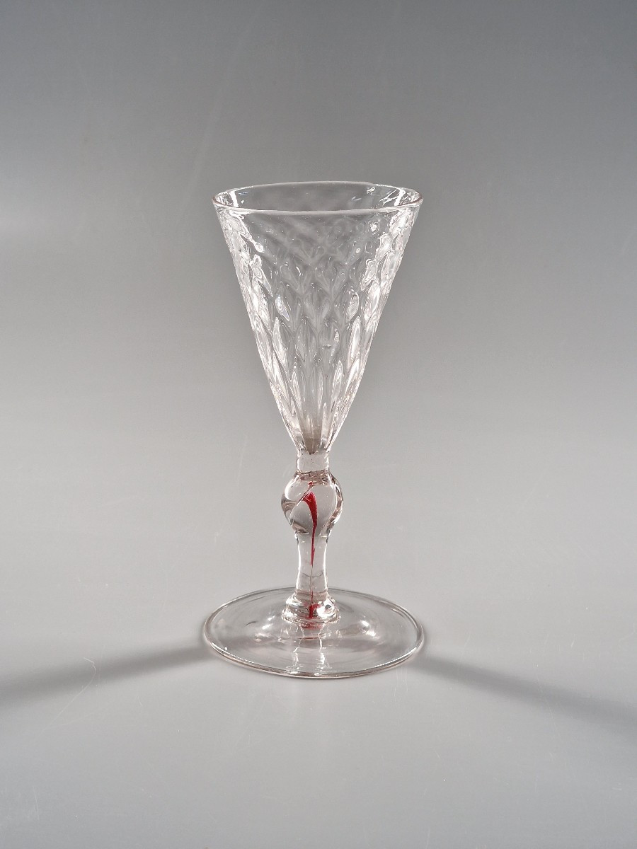 Honeycomb-shaped Glass With A Red Filament Stem - France Or Bohemia, 18th Century