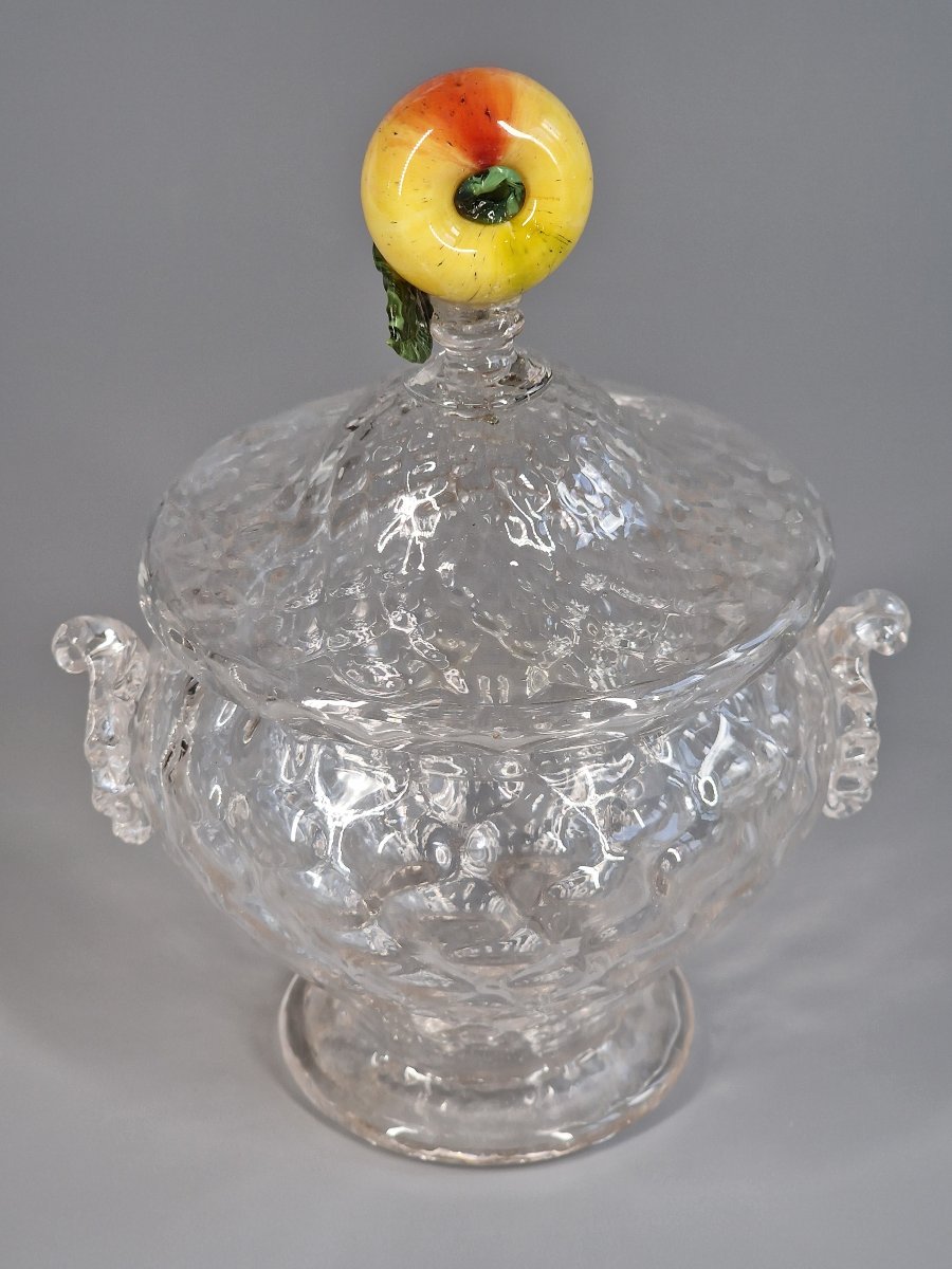Confiturier en verre soufflé nid d'abeille et prise en fruit - Murano Venise, XIXe siècle 19e-photo-2