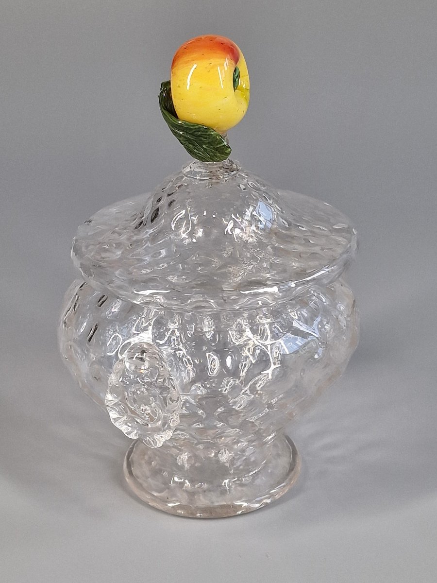 Confiturier en verre soufflé nid d'abeille et prise en fruit - Murano Venise, XIXe siècle 19e-photo-3