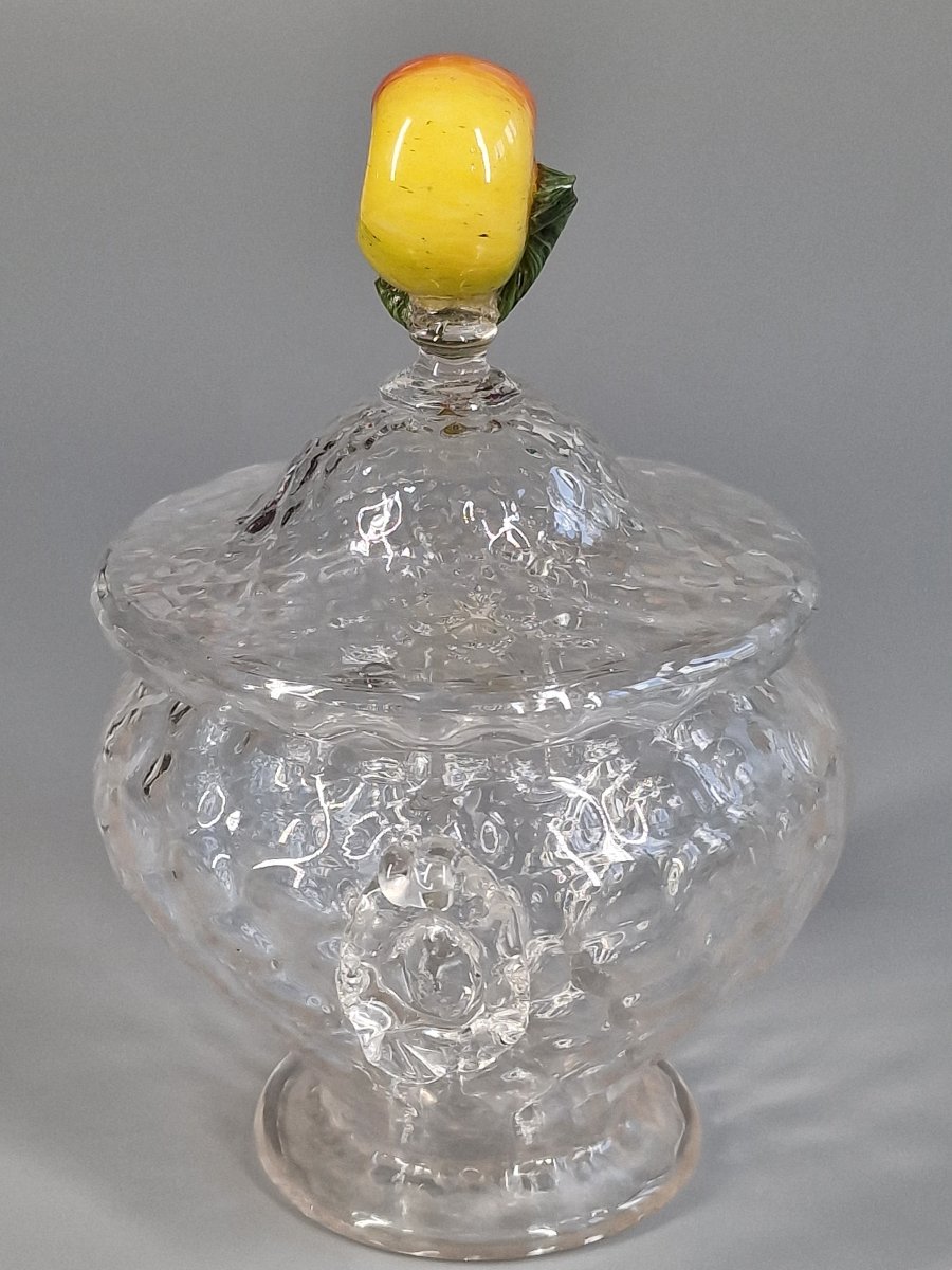 Confiturier en verre soufflé nid d'abeille et prise en fruit - Murano Venise, XIXe siècle 19e-photo-4