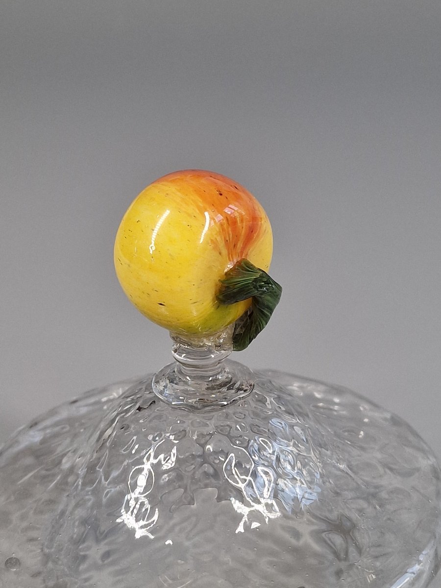 Confiturier en verre soufflé nid d'abeille et prise en fruit - Murano Venise, XIXe siècle 19e-photo-6