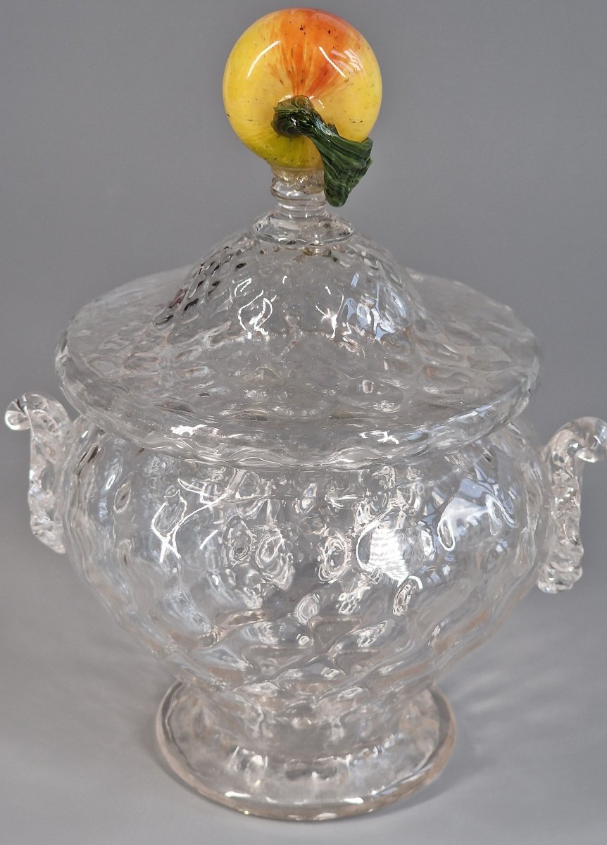 Confiturier en verre soufflé nid d'abeille et prise en fruit - Murano Venise, XIXe siècle 19e-photo-8