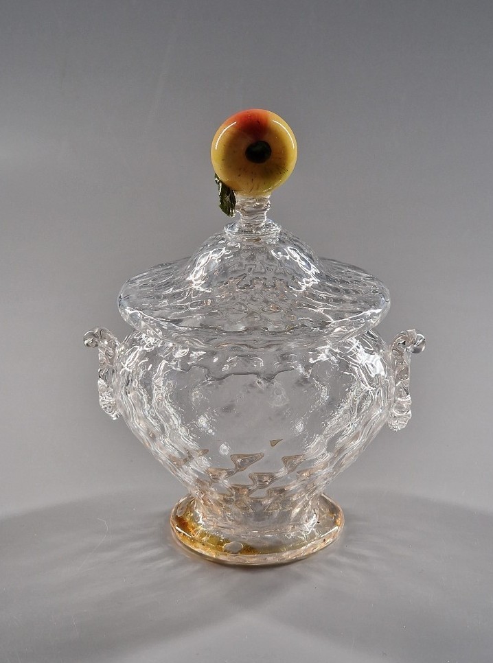 Honeycomb-shaped Blown Glass Jam Pot, The Handle In The Shape Of Fruit - Venice, 19th Century