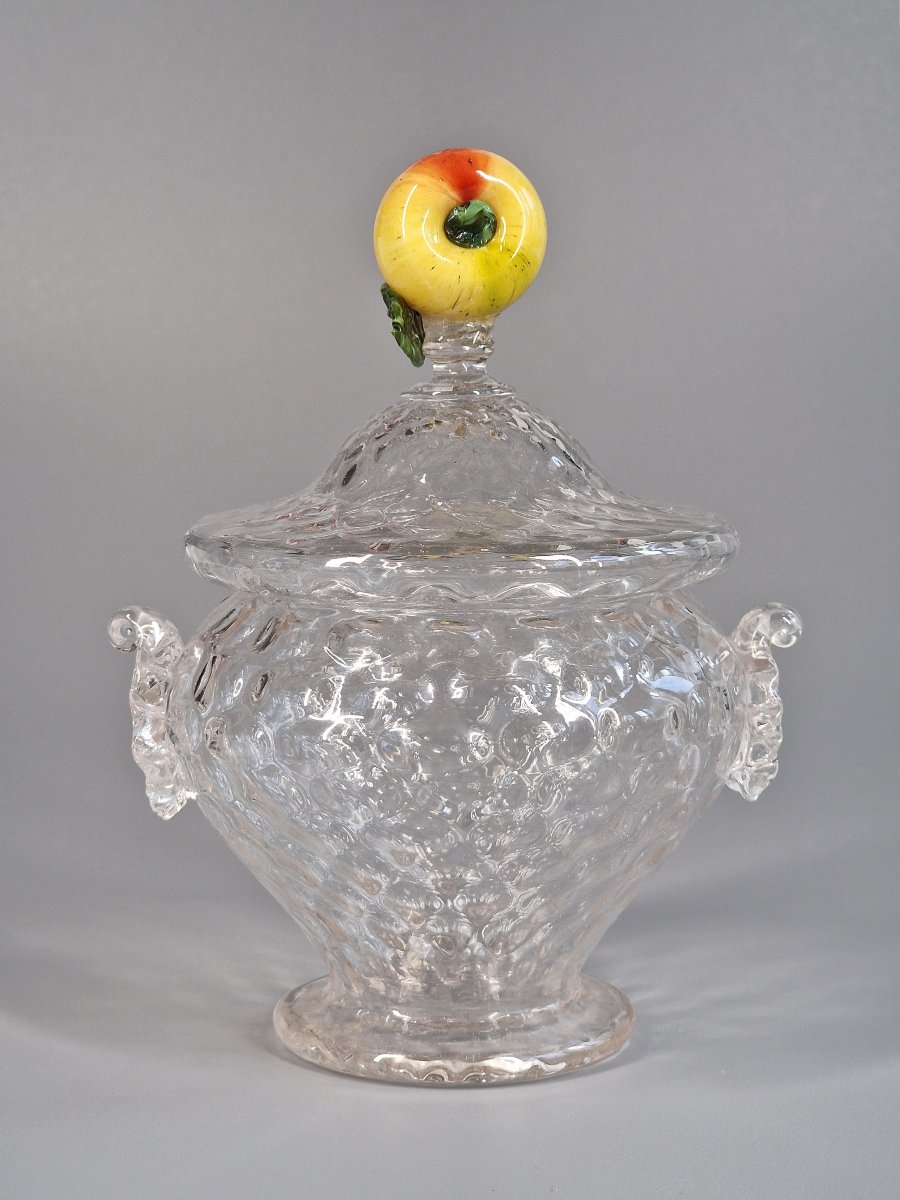 Confiturier en verre soufflé nid d'abeille et prise en fruit - Murano Venise, XIXe siècle 19e