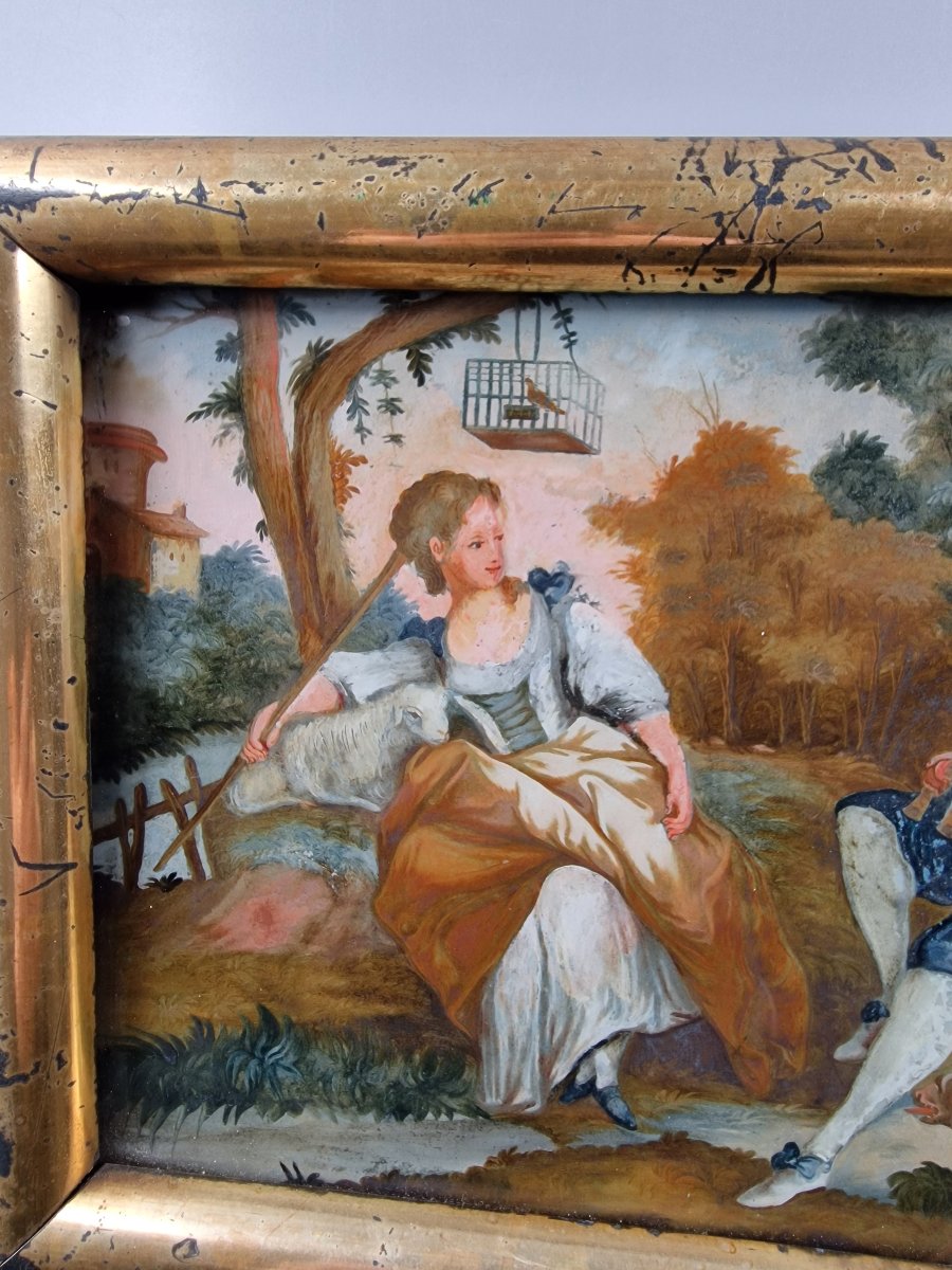 Fixé sous verre représentant une scène pastorale - Fin du XVIIIe siècle 18e-photo-2